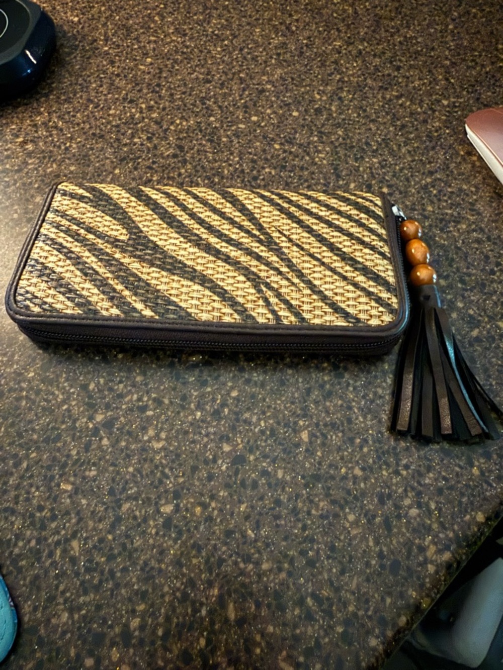 New York & Co. Zebra-Pattern Zip Wallet with fringe, beaded tassel